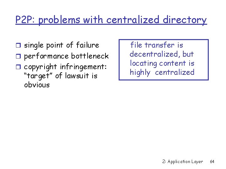 P 2 P: problems with centralized directory r single point of failure r performance