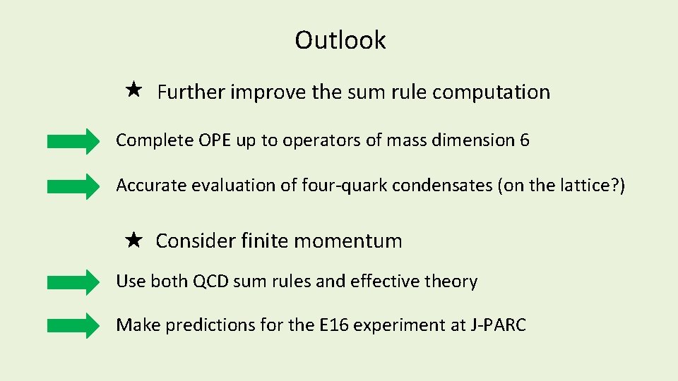 Outlook Further improve the sum rule computation Complete OPE up to operators of mass Outlook Further improve the sum rule computation Complete OPE up to operators of mass