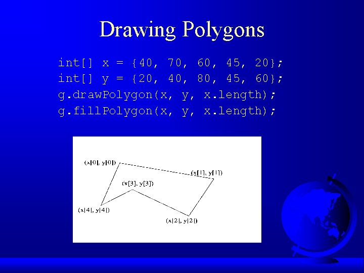 Drawing Polygons int[] x = {40, 70, 60, 45, 20}; int[] y = {20,