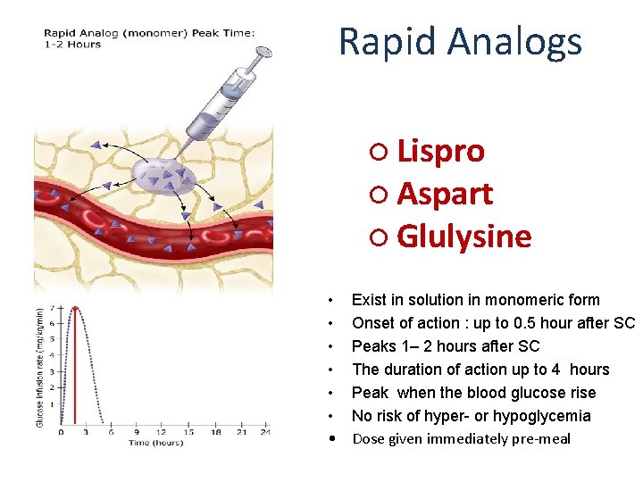  Rapid Analogs ○ Lispro ○ Aspart ○ Glulysine • • Exist in solution