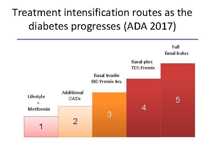 Treatment intensification routes as the diabetes progresses (ADA 2017) Full Basal-bolus Basal-plus TDS Premix Treatment intensification routes as the diabetes progresses (ADA 2017) Full Basal-bolus Basal-plus TDS Premix