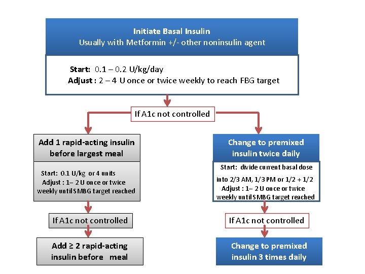 Initiate Basal Insulin Usually with Metformin +/- other noninsulin agent Start: 0. 1 –