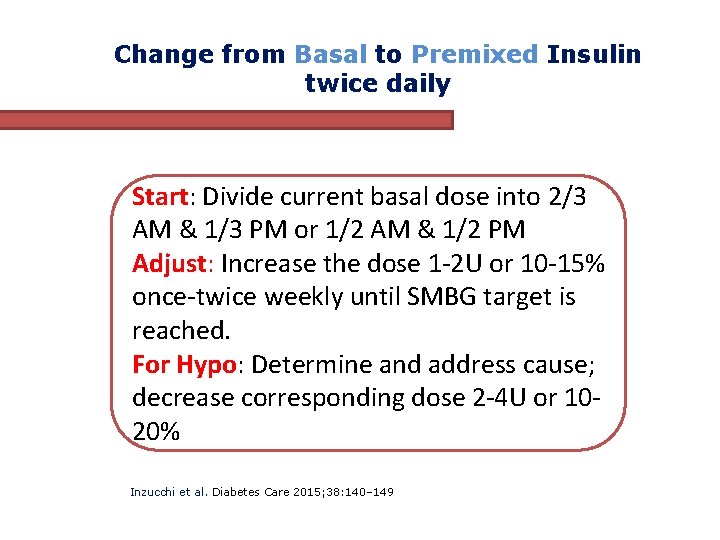 Change from Basal to Premixed Insulin twice daily Start: Divide current basal dose into