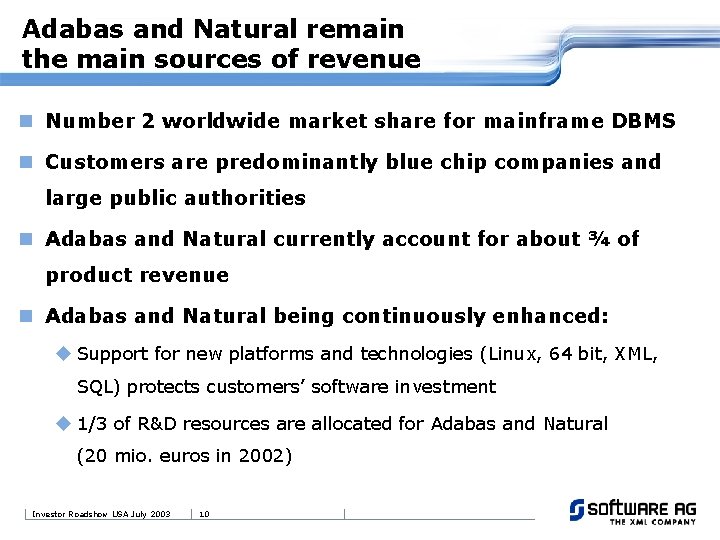 Adabas and Natural remain the main sources of revenue n Number 2 worldwide market