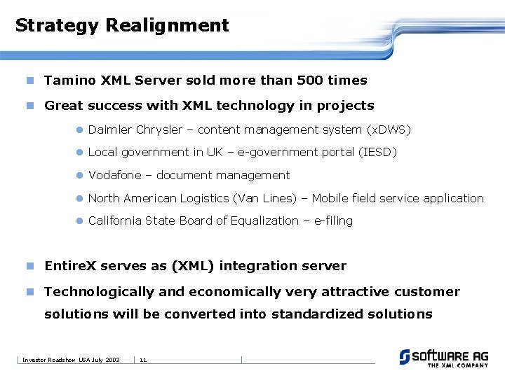 Strategy Realignment n Tamino XML Server sold more than 500 times n Great success