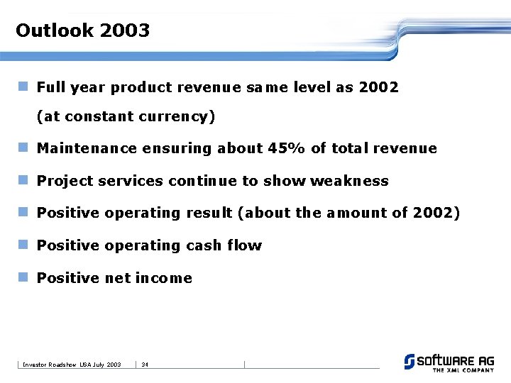 Outlook 2003 n Full year product revenue same level as 2002 (at constant currency)