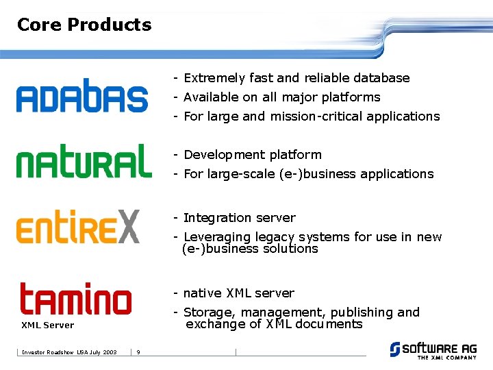 Core Products - Extremely fast and reliable database - Available on all major platforms