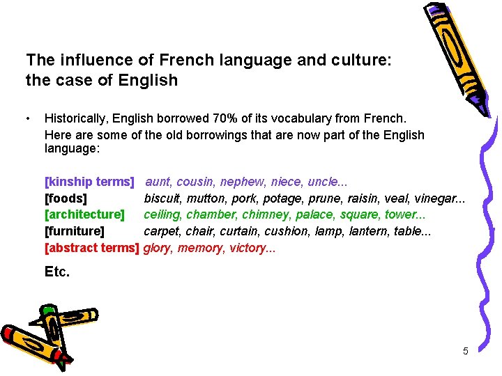 The influence of French language and culture: the case of English • Historically, English