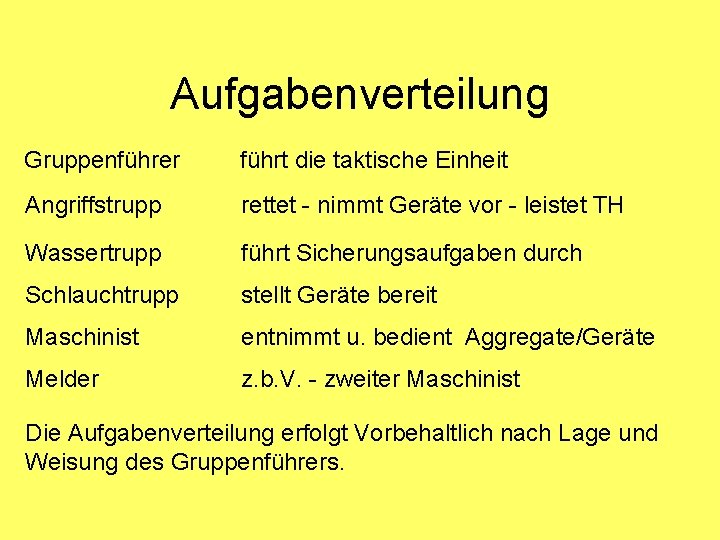 Aufgabenverteilung Gruppenführer führt die taktische Einheit Angriffstrupp rettet - nimmt Geräte vor - leistet