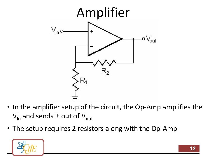 Amplifier • In the amplifier setup of the circuit, the Op-Amp amplifies the Vin