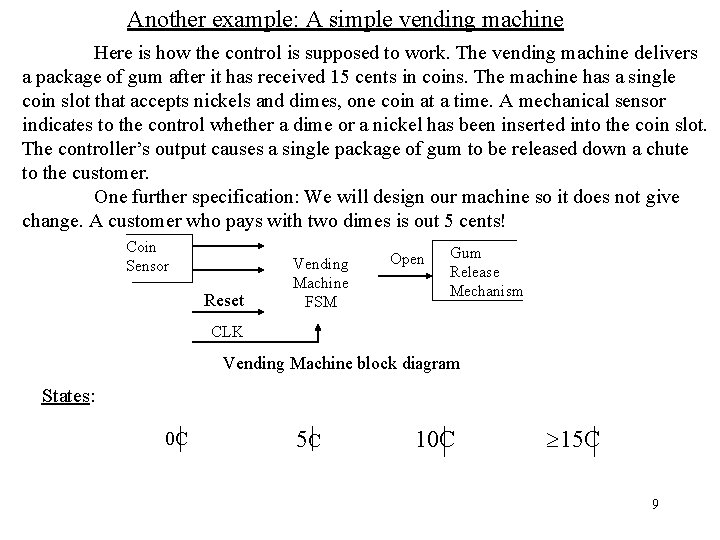 Another example: A simple vending machine Here is how the control is supposed to Another example: A simple vending machine Here is how the control is supposed to