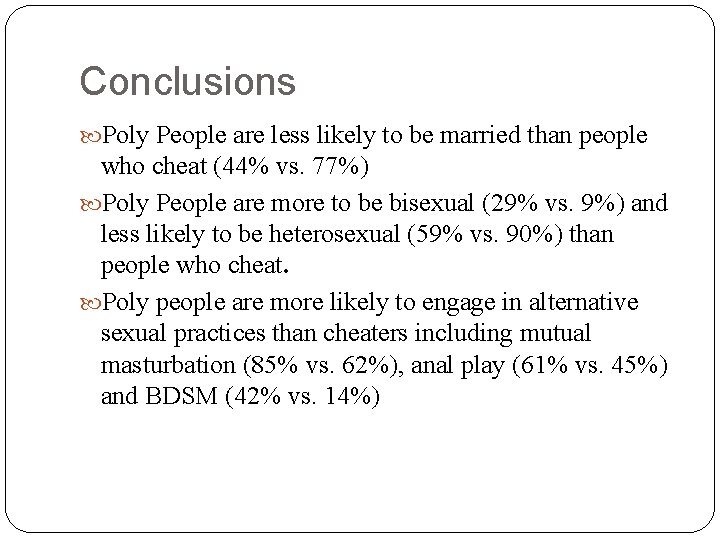 Conclusions Poly People are less likely to be married than people who cheat (44%