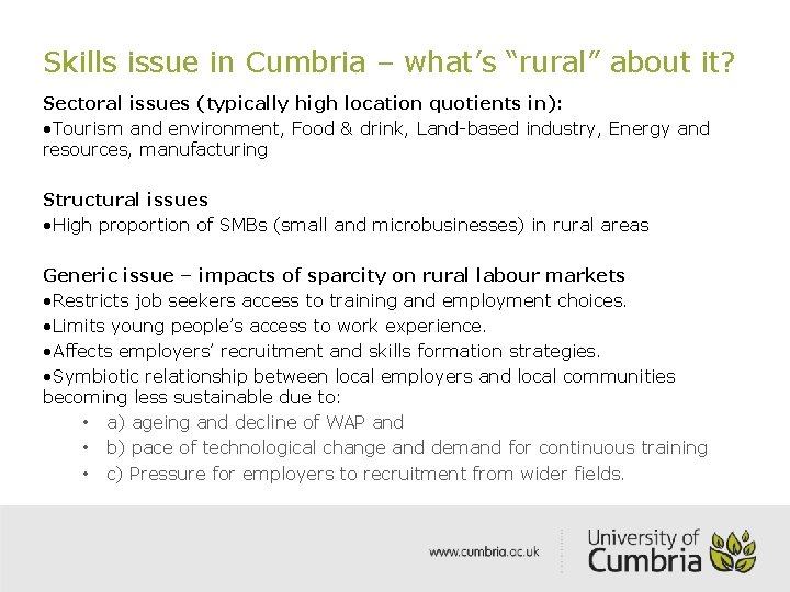 Skills issue in Cumbria – what’s “rural” about it? Sectoral issues (typically high location