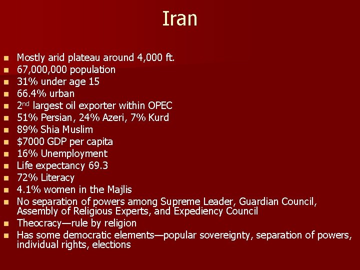 Iran Mostly arid plateau around 4, 000 ft. 67, 000 population 31% under age