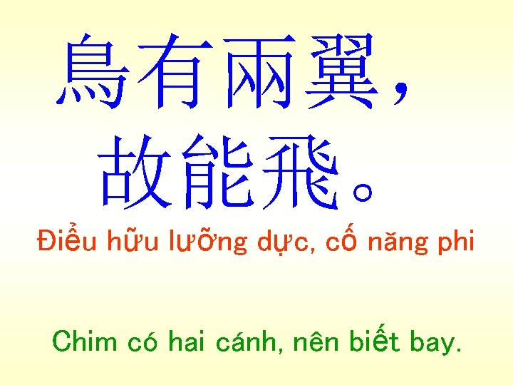 鳥有兩翼， 故能飛。 Điểu hữu lưỡng dực, cố năng phi Chim có hai cánh, nên