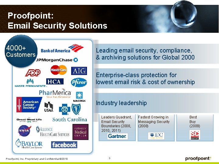 Proofpoint: Email Security Solutions 4000+ Customers Leading email security, compliance, & archiving solutions for Proofpoint: Email Security Solutions 4000+ Customers Leading email security, compliance, & archiving solutions for