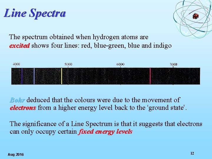 Line Spectra The spectrum obtained when hydrogen atoms are excited shows four lines: red,