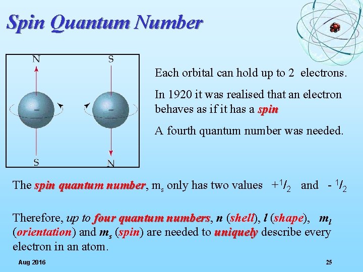 Spin Quantum Number Each orbital can hold up to 2 electrons. In 1920 it