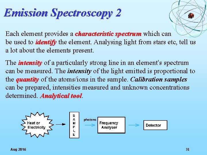 Emission Spectroscopy 2 Each element provides a characteristic spectrum which can be used to