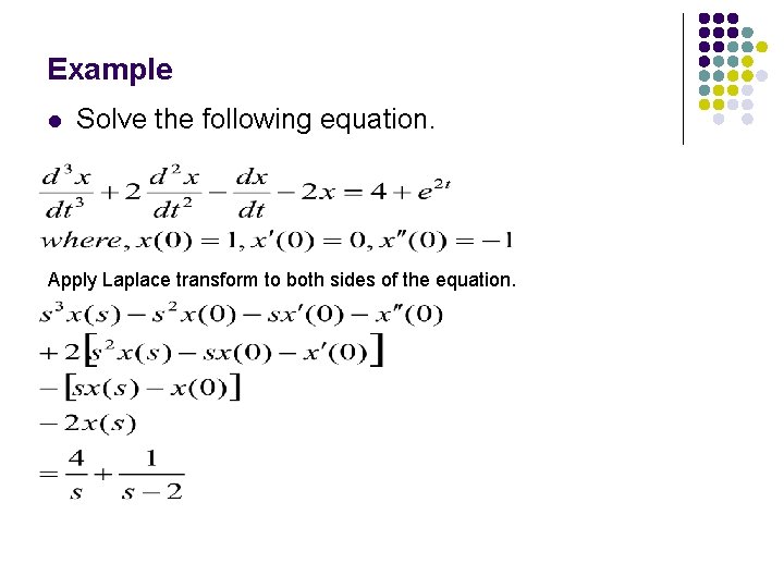 Example l Solve the following equation. Apply Laplace transform to both sides of the