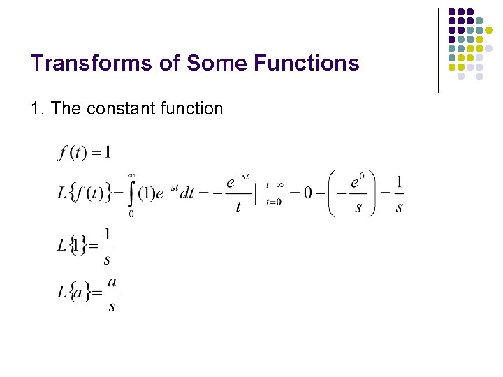 Transforms of Some Functions 1. The constant function 