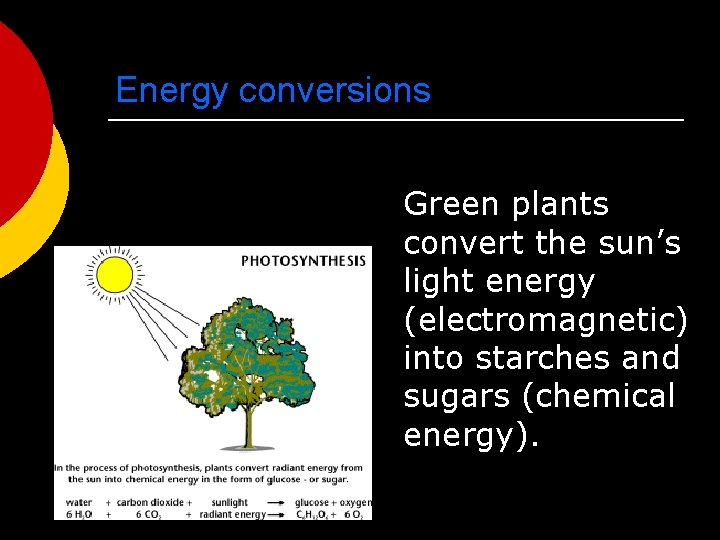 Energy conversions Green plants convert the sun’s light energy (electromagnetic) into starches and sugars