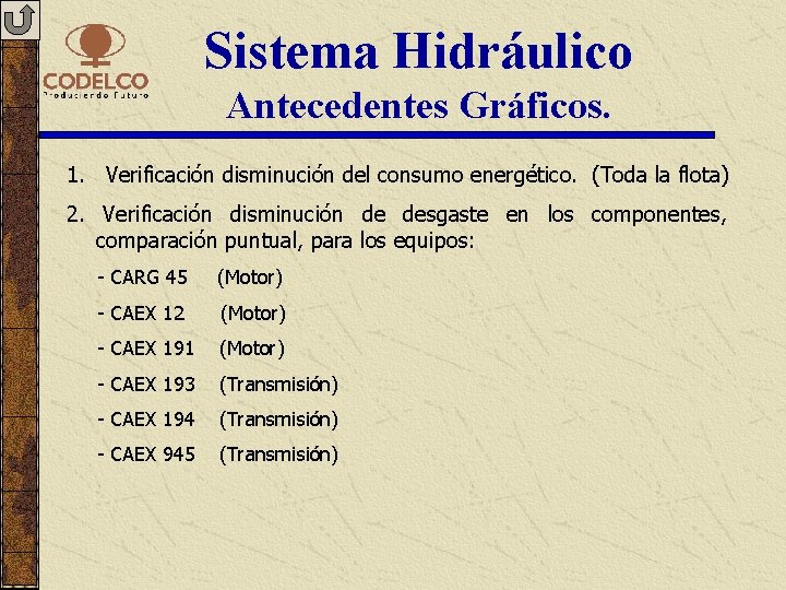 Sistema Hidráulico Antecedentes Gráficos. 1. Verificación disminución del consumo energético. (Toda la flota) 2.