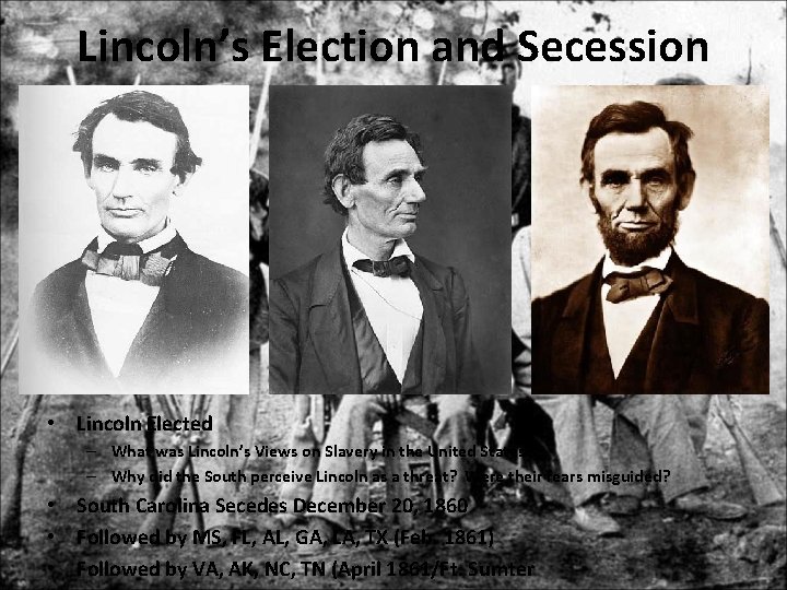 Lincoln’s Election and Secession • Lincoln Elected – What was Lincoln’s Views on Slavery