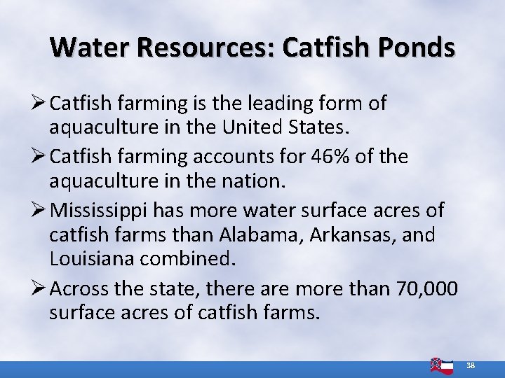 Water Resources: Catfish Ponds Ø Catfish farming is the leading form of aquaculture in Water Resources: Catfish Ponds Ø Catfish farming is the leading form of aquaculture in