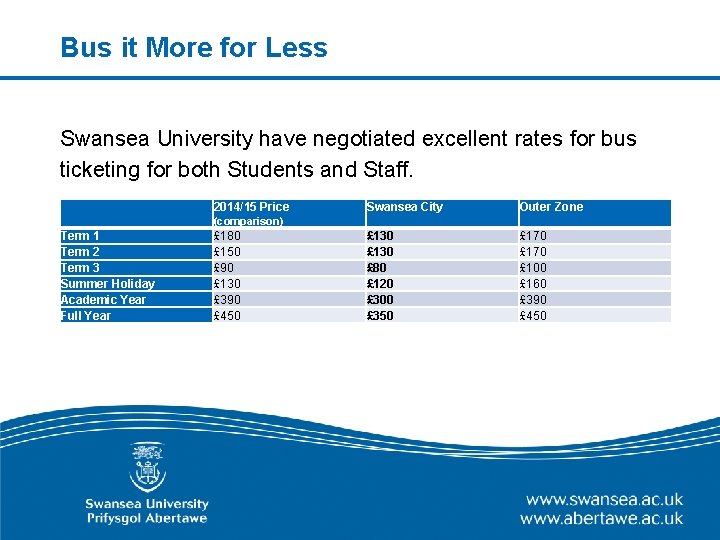 Bus it More for Less Swansea University have negotiated excellent rates for bus ticketing