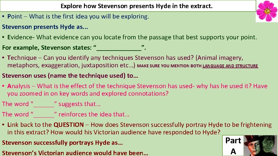 Explore how Stevenson presents Hyde in the extract. • Point – What is the