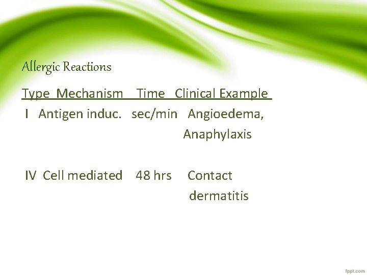 Allergic Reactions Type Mechanism Time Clinical Example I Antigen induc. sec/min Angioedema, Anaphylaxis IV