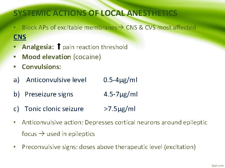 SYSTEMIC ACTIONS OF LOCAL ANESTHETICS • Block APs of excitable membranes CNS & CVS
