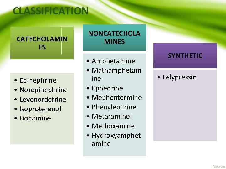 CLASSIFICATION CATECHOLAMIN ES • Epinephrine • Norepinephrine • Levonordefrine • Isoproterenol • Dopamine NONCATECHOLA