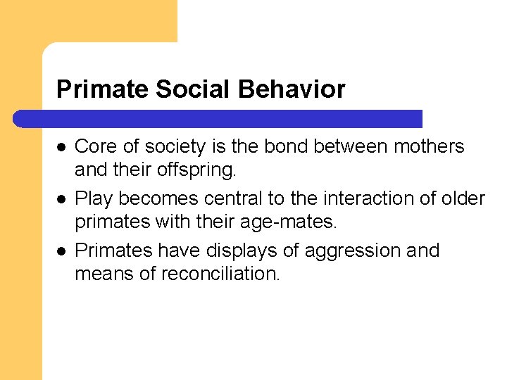 Primate Social Behavior l l l Core of society is the bond between mothers Primate Social Behavior l l l Core of society is the bond between mothers