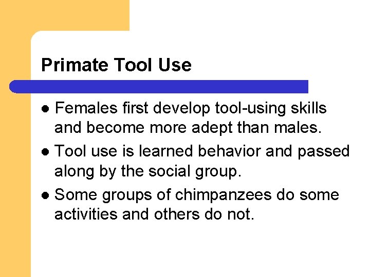 Primate Tool Use Females first develop tool-using skills and become more adept than males. Primate Tool Use Females first develop tool-using skills and become more adept than males.