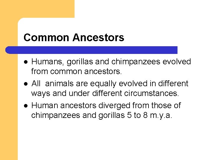 Common Ancestors l l l Humans, gorillas and chimpanzees evolved from common ancestors. All Common Ancestors l l l Humans, gorillas and chimpanzees evolved from common ancestors. All