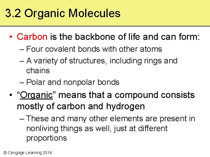 3. 2 Organic Molecules • Carbon is the backbone of life and can form: