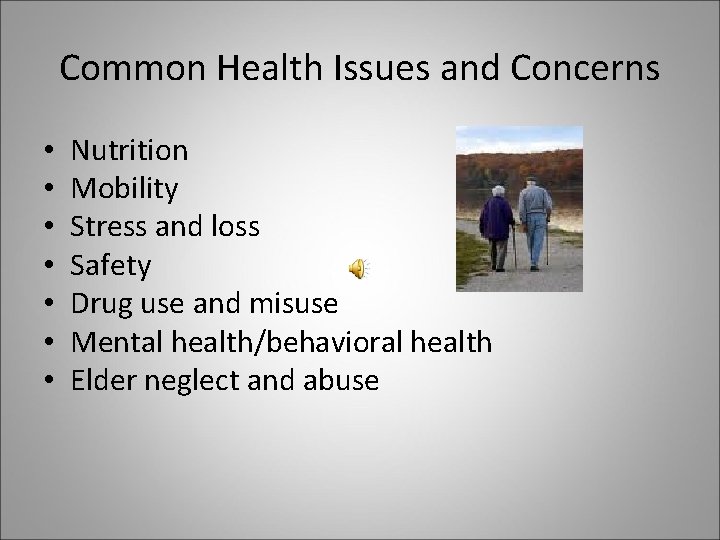 Common Health Issues and Concerns • • Nutrition Mobility Stress and loss Safety Drug
