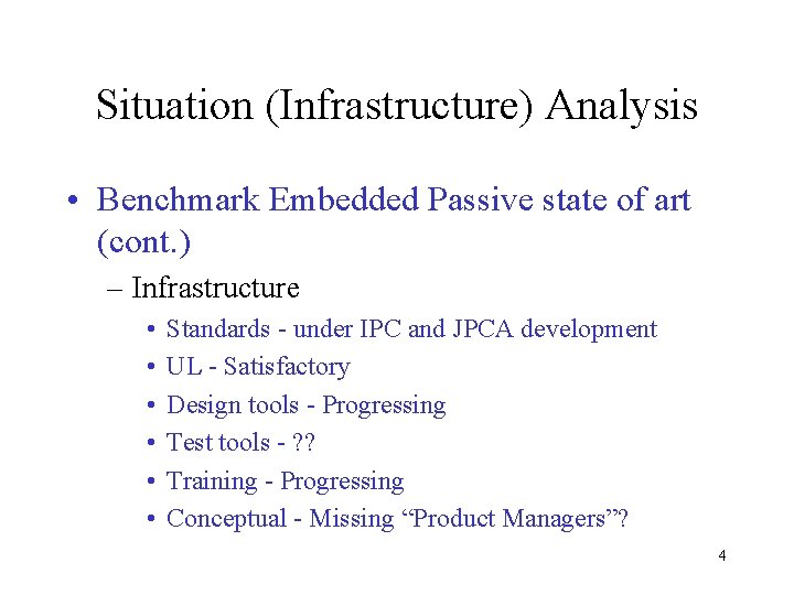 Situation (Infrastructure) Analysis • Benchmark Embedded Passive state of art (cont. ) – Infrastructure