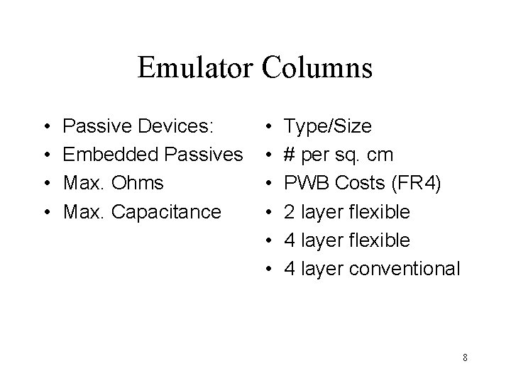 Emulator Columns • • Passive Devices: Embedded Passives Max. Ohms Max. Capacitance • •