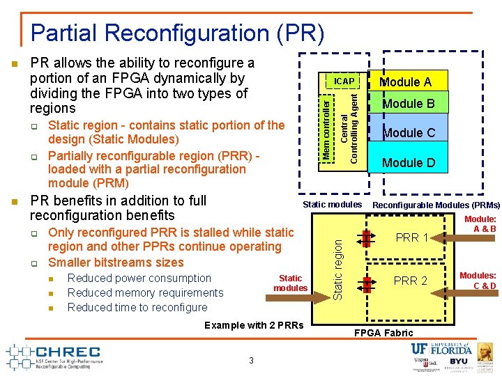 Partial Reconfiguration (PR) PR allows the ability to reconfigure a portion of an FPGA