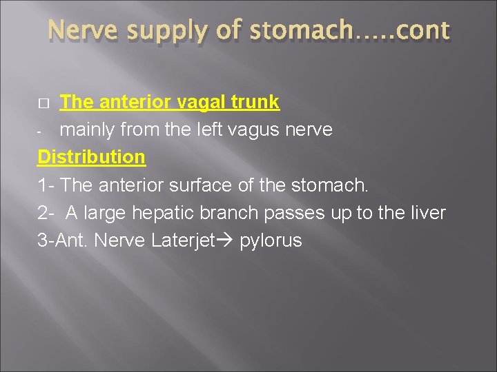 Nerve supply of stomach…. . cont The anterior vagal trunk - mainly from the
