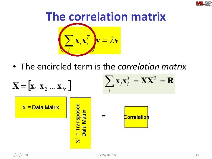 The correlation matrix X = Data Matrix 9/25/2020 XT = Transposed Data Matrix •