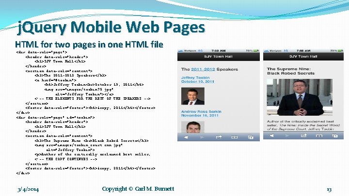 j. Query Mobile Web Pages HTML for two pages in one HTML file <div