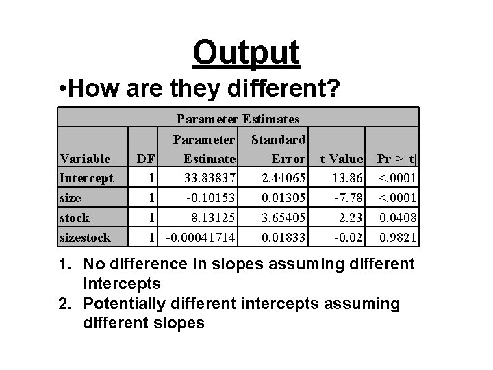 Output • How are they different? Parameter Estimates Variable Intercept size stock sizestock DF