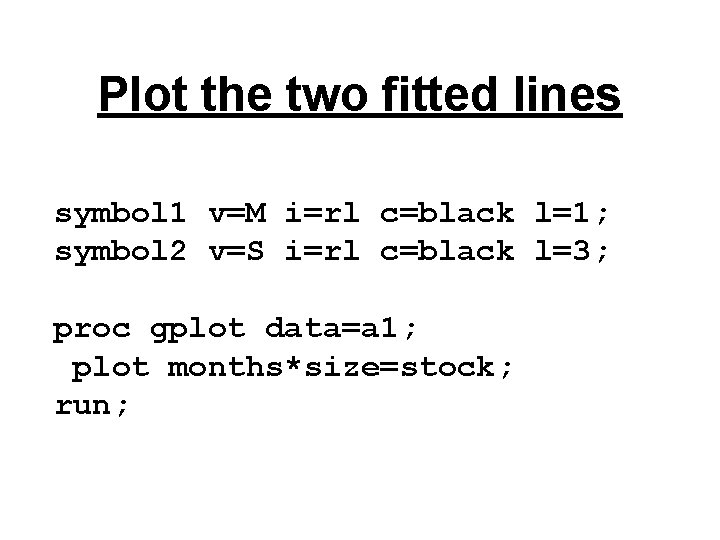 Plot the two fitted lines symbol 1 v=M i=rl c=black l=1; symbol 2 v=S