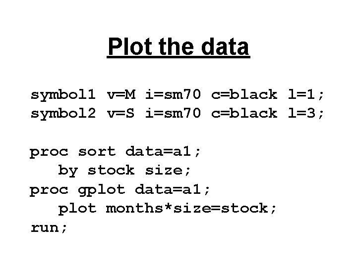 Plot the data symbol 1 v=M i=sm 70 c=black l=1; symbol 2 v=S i=sm