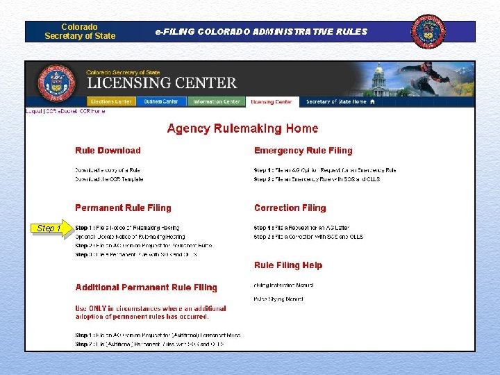 Colorado Secretary of State Step 1 e-FILING COLORADO ADMINISTRATIVE RULES 