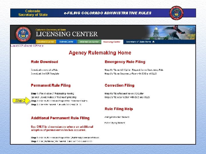 Colorado Secretary of State Step 2 e-FILING COLORADO ADMINISTRATIVE RULES 